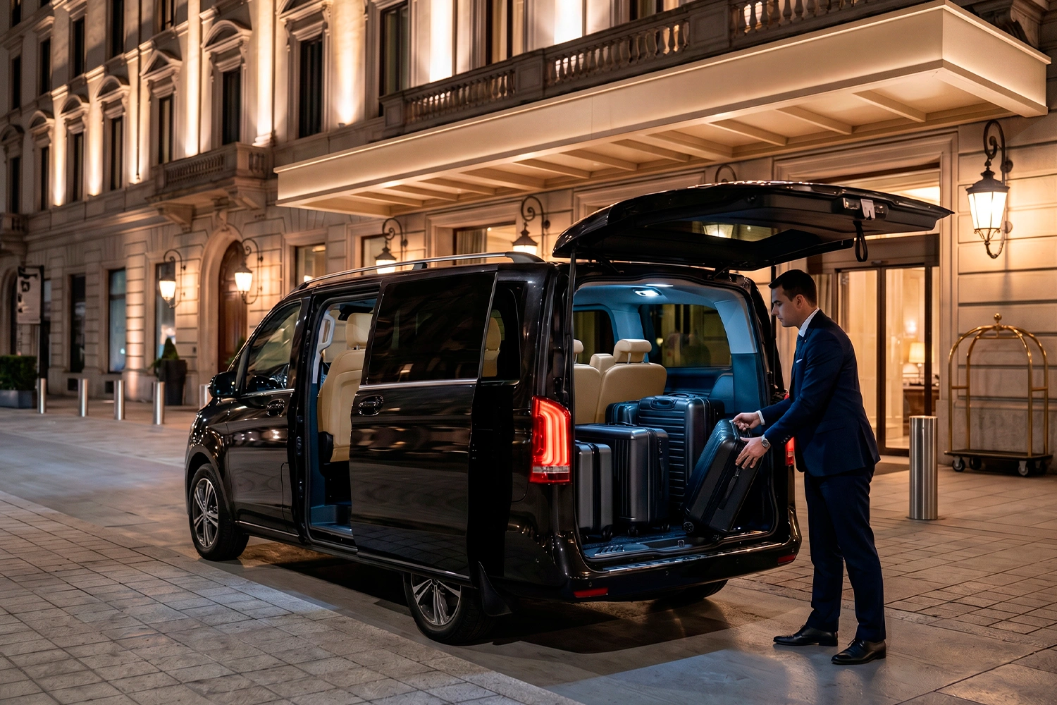 EUROPE RENTAL CAR - Transfer aeroportuali e hotel - Conducente sistema i bagagli nel van davanti a un hotel di lusso