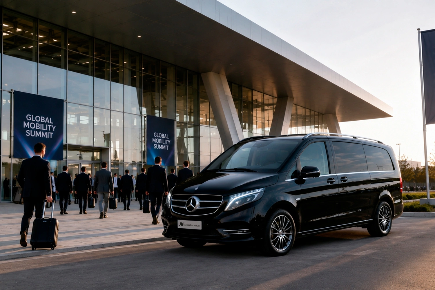 EUROPE RENTAL CAR - Trasporti a eventi, meeting e fiere - Mercedes Classe V davanti alla sede di un evento business